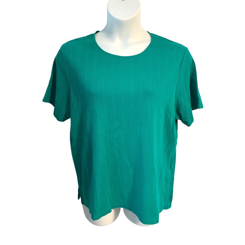 Expressions Plus Size 1X Teal Green Ribbed Short Sleeve Vintage Top Cotton Shirt
